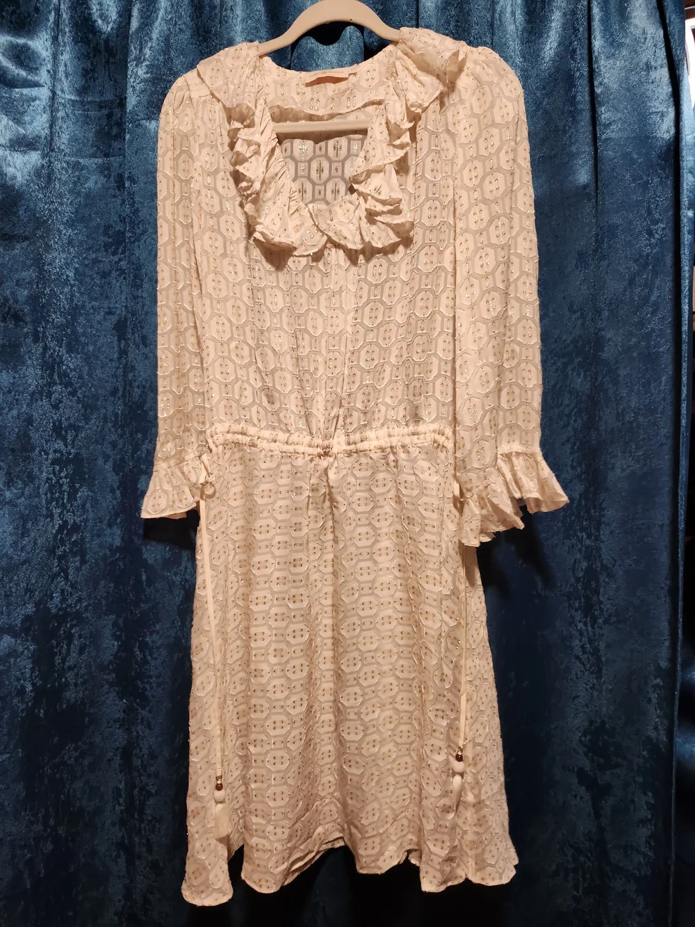 Tory Burch Cream Lace And Silk Ruffle-Trim Long Sleeve Dress $398 Retail
